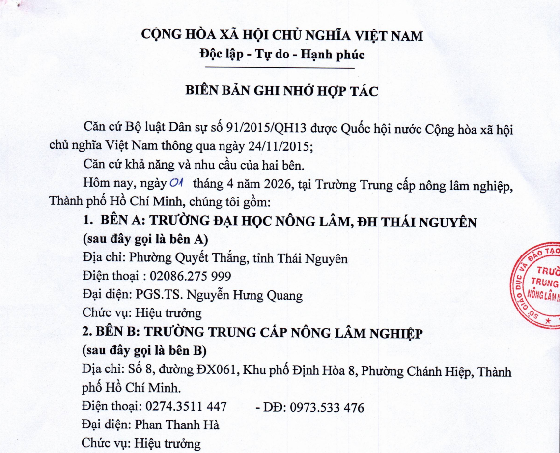 Biên bản hợp tác giữa Trường TCNLN với Trường ĐH Nông Lâm, ĐH Thái Nguyên